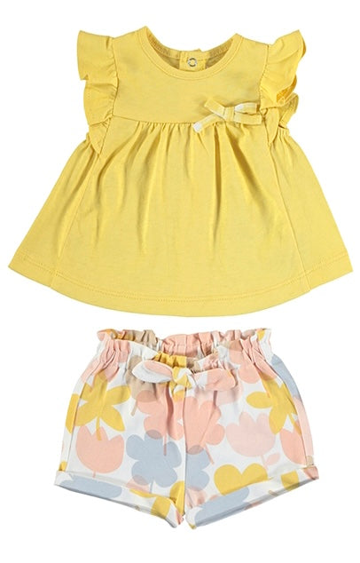Yellow Flutter Sleeve Top with floral short