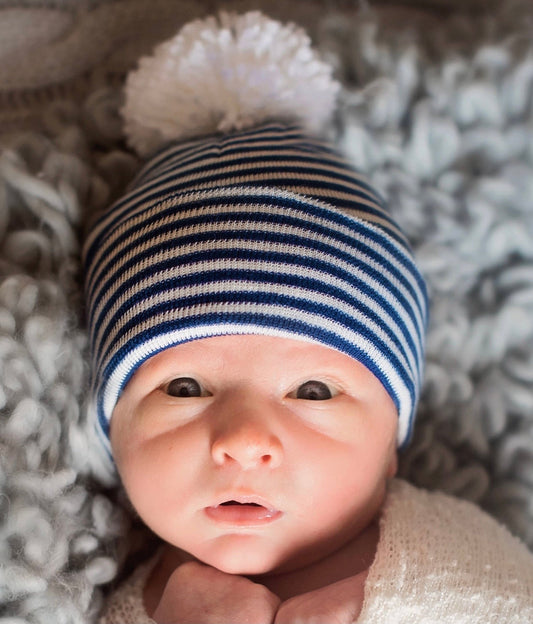 Navy Striped White Pom Newborn Hospital Hat
