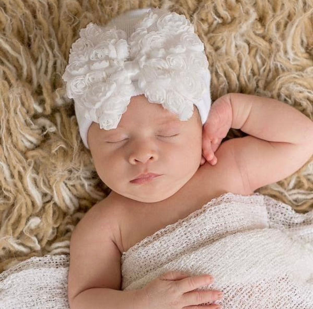 White Rosette Bow newborn hospital hat