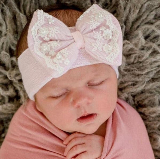 Pink Headband with Pearl and Lace Trim Bow