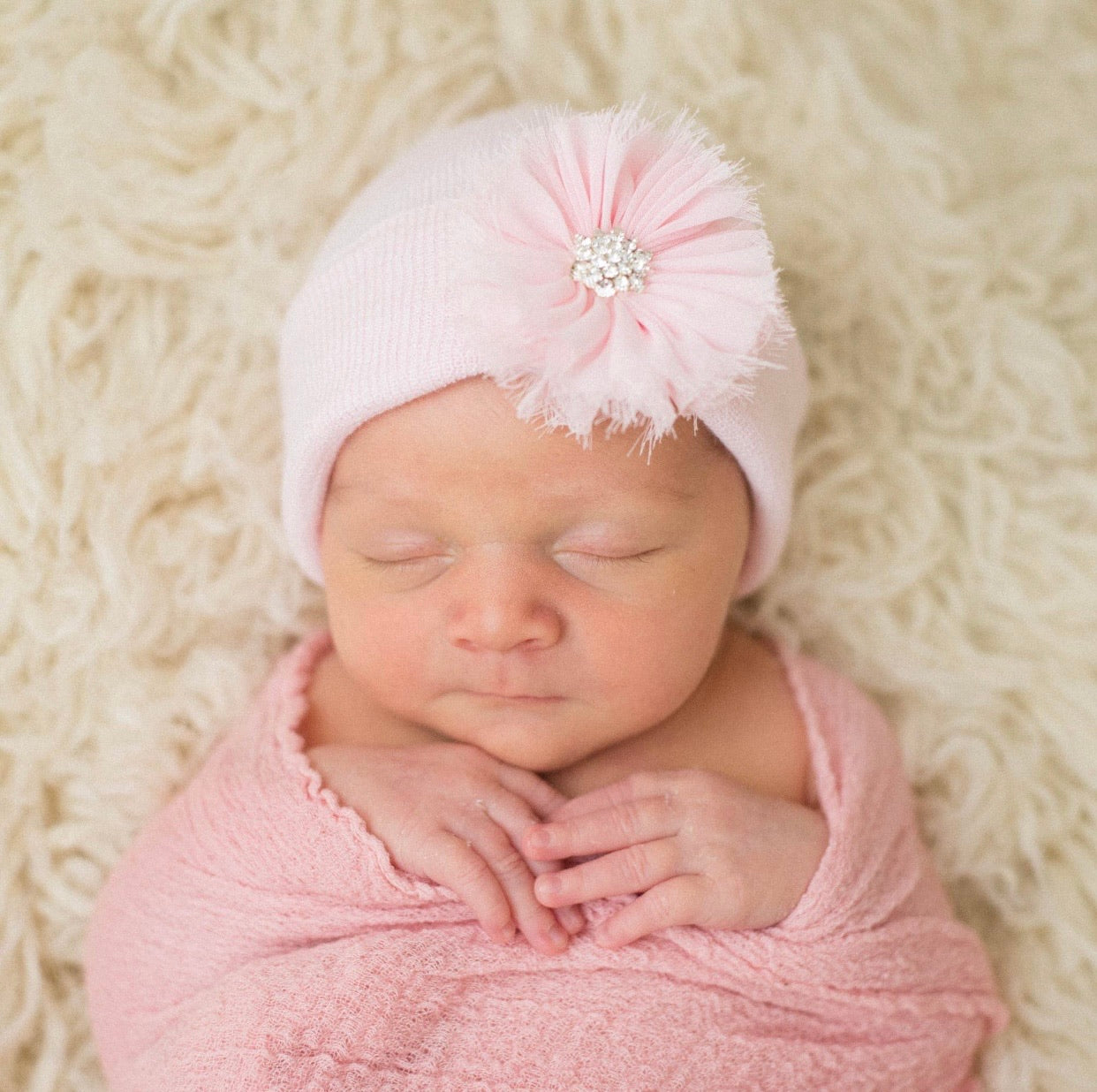 Pink Newborn hospital hat with pink frayed flower