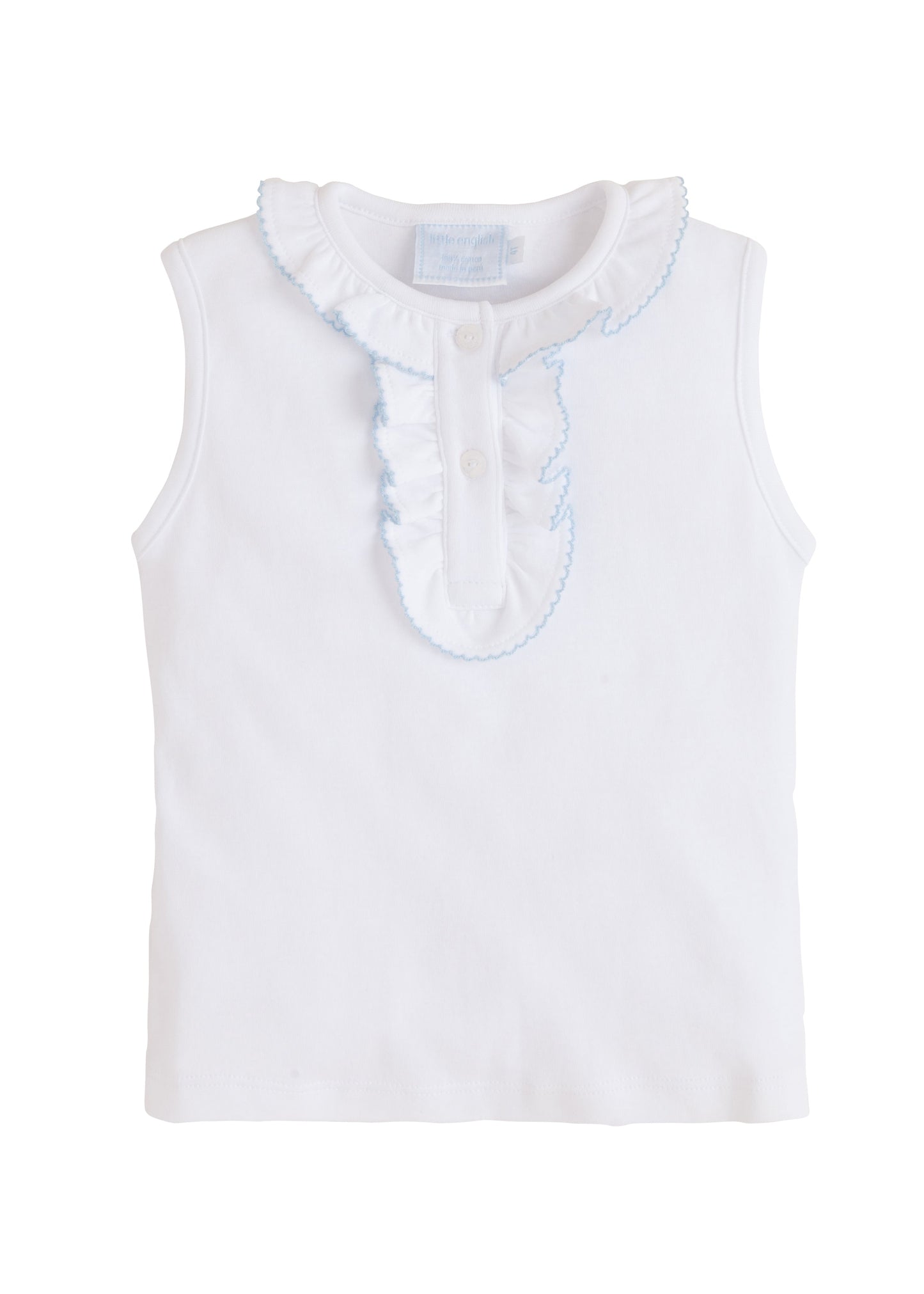 White Ruffled Henley Top with Light Blue Trim by Little English