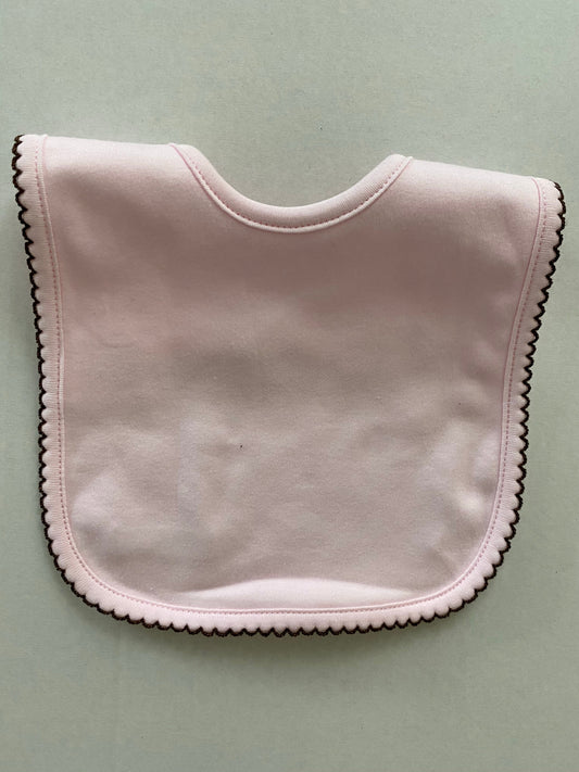 Pink pima cotton bib with chocolate trim