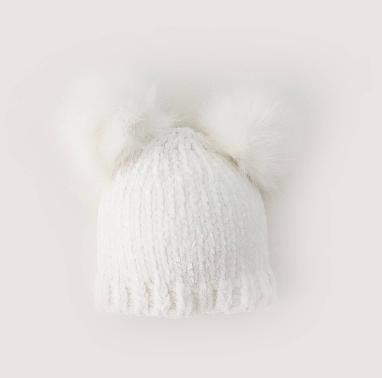 White Chenille Knit Double Pom Pom Hat