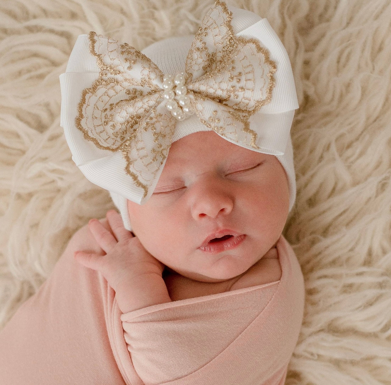 Gold Lace with Pearl Bow/White Newborn Hospital Hat