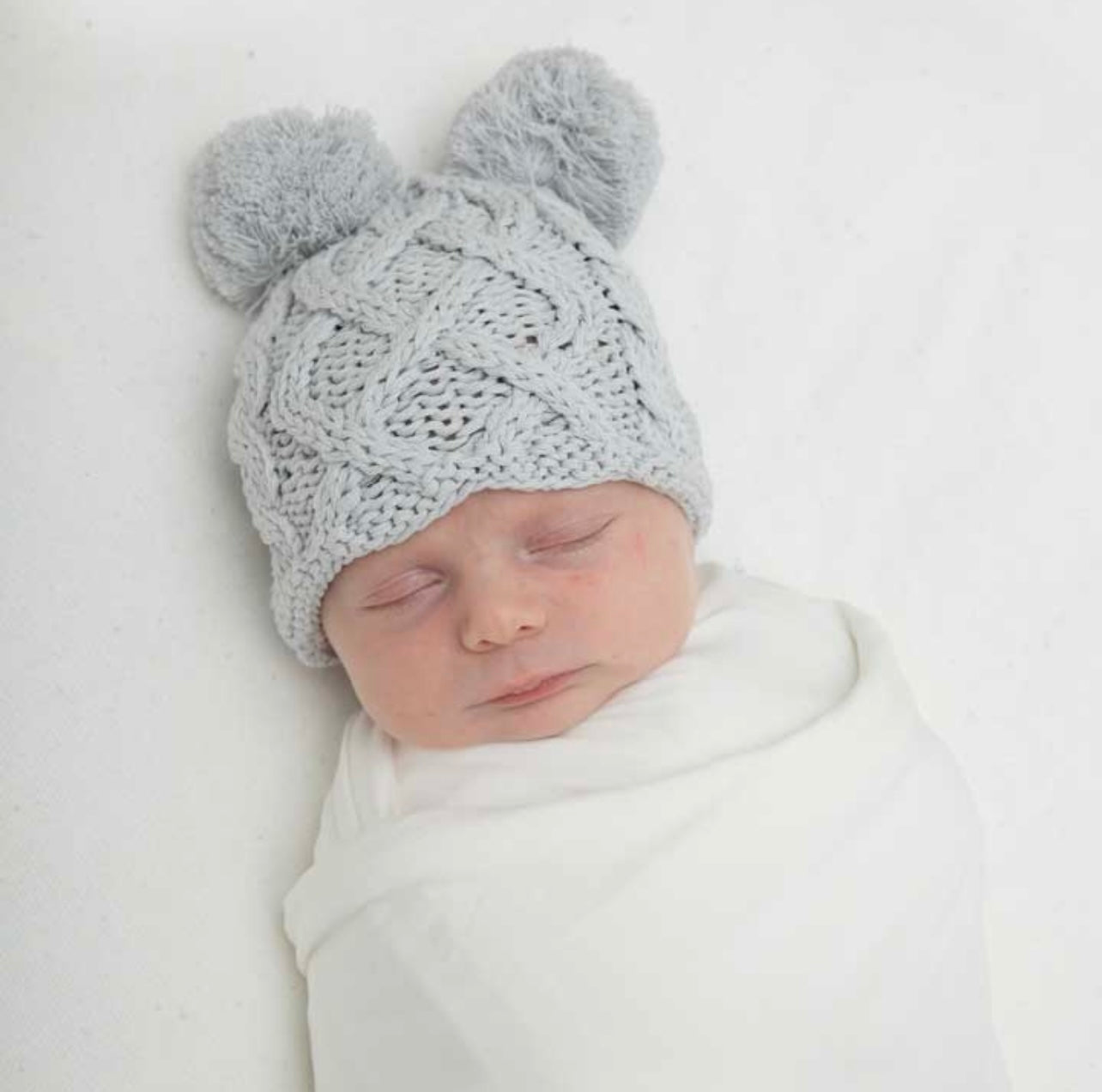 Grey Knit Newborn Double Pom Pom Hat