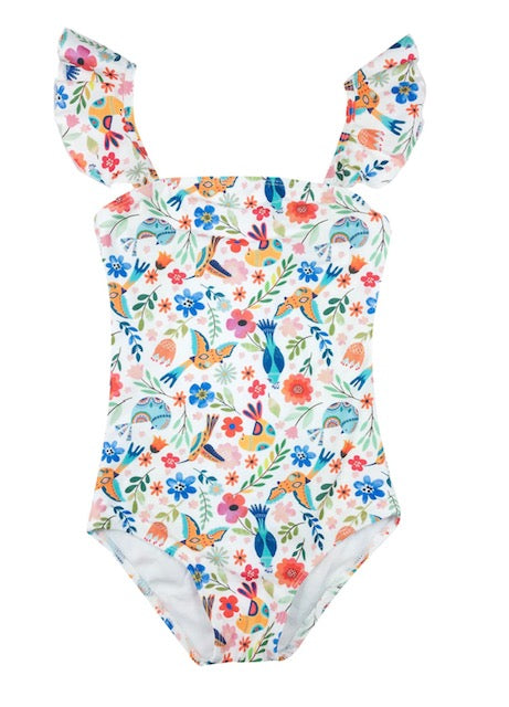 One Piece Birds Ruffle Swimsuit for Girls
