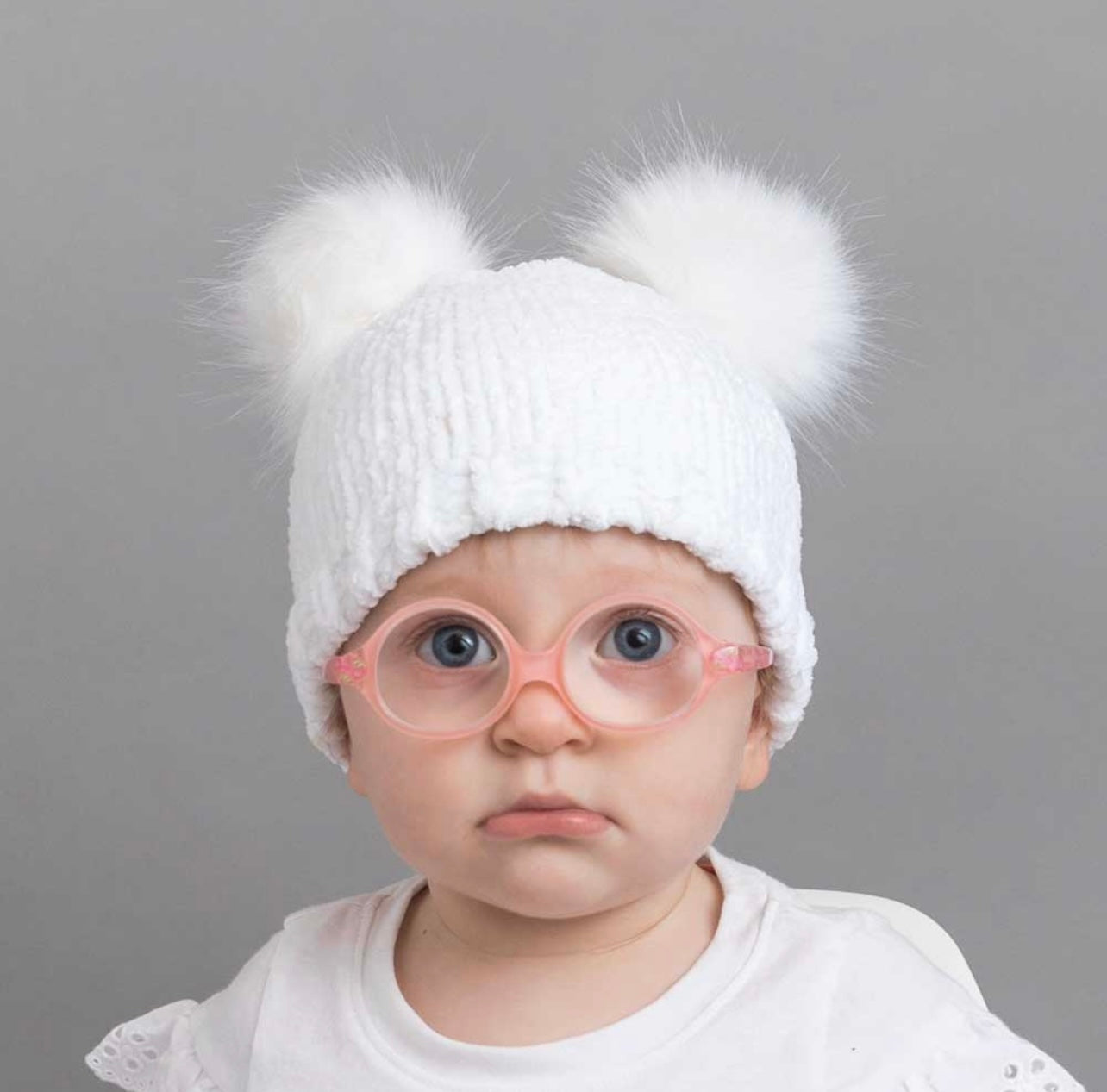 White Chenille Knit Double Pom Pom Hat