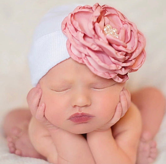 Silk rose with pearls hospital beanie