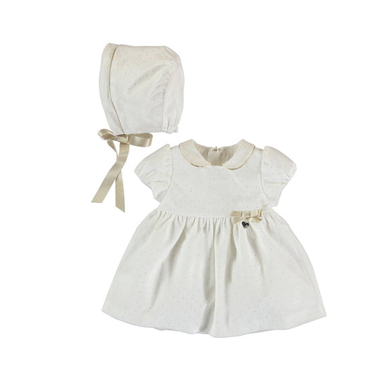 Winter White Velvet Dress with Bonnet
