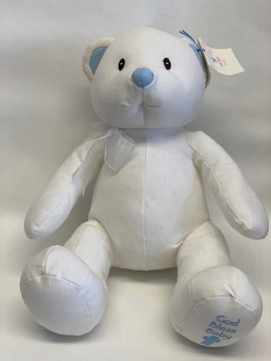 White Teddy Bear God Bless Baby in blue