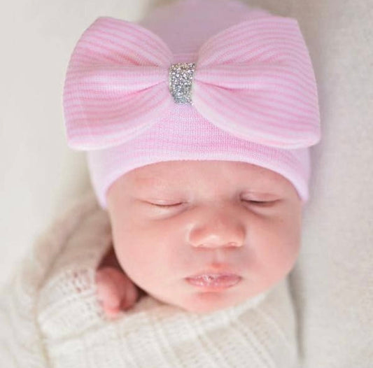 Pink Stripe Silver Shimmer Newborn Hospital Hat