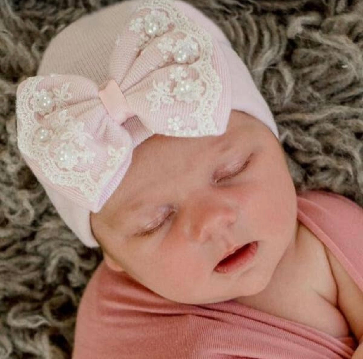 Pink Newborn Hospital Hat with Pearl and Lace Trim Bow