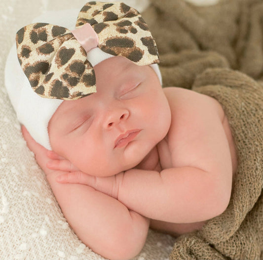 Luxe Leopard Bow Newborn Hospital Hat