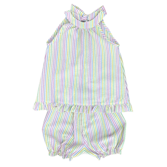 Pastel Stripe Seersucker Tally Tie Bloomer Set by James & Lottie
