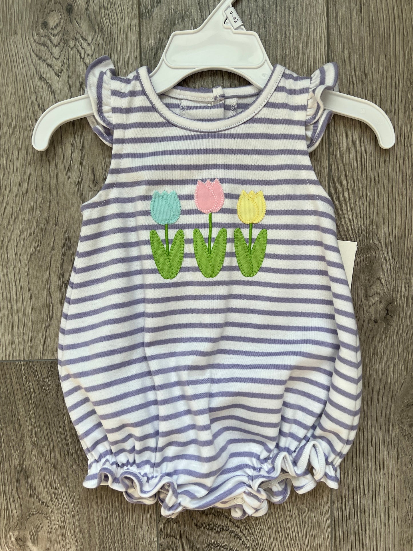 Lavender Stripe Angel Sleeve Bubble with Tulip Appliqué